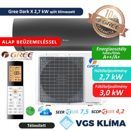 Gree Dark X 2,7 kW split klíma szett szereléssel együtt